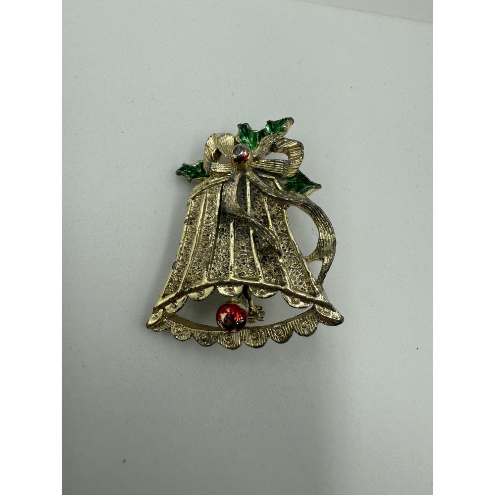Vintage Gerrys Christmas Bell Brooch‎ Gold Tone Enamel Holly Holiday Pin Signed